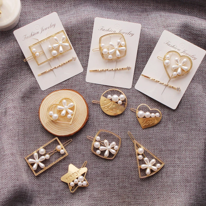 

Sale 1PC/2PCS Sweet Girls Side Clip Pearl Hollow Women Hairpin Rhinestones Gold Color Bangs clip Students Hair accessories