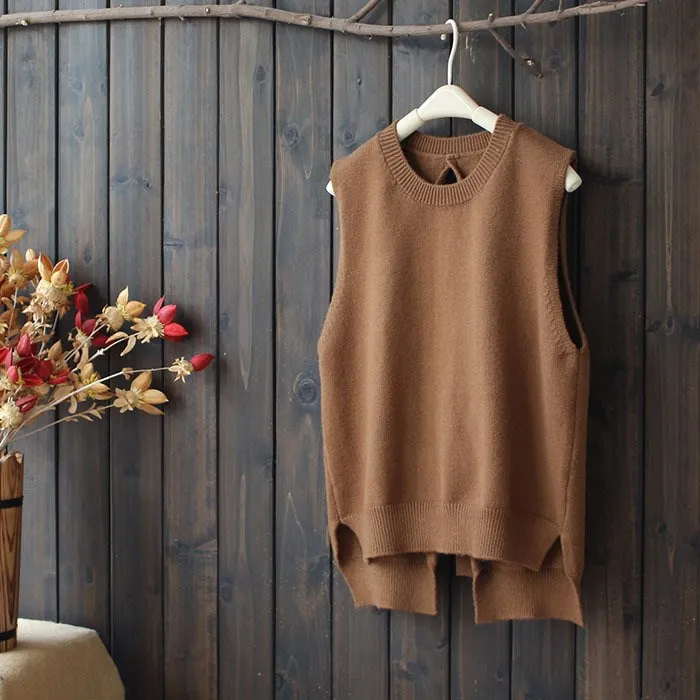 High Quality Autumn O-Neck Loose Vests Women Back Lace-Up Knitted Waistcoat Casual Solid Thin Sleeveless Pullovers High Quality Autumn O-Neck Loose Vests Women Back Lace-Up Knitted Waistcoat Casual Solid Thin Sleeveless Pullovers