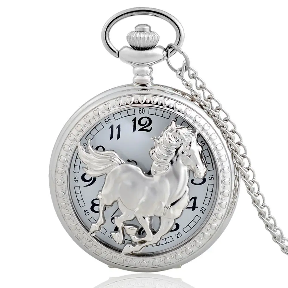 

Silver Hollow Horse Pocket Watch Full Hunter Quartz Engraved Fob Retro Pendant Pocket Watch Chain Gift
