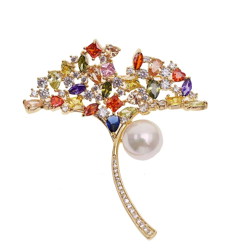 

Fashional Cubic Zirconia CZ Pearl Ginkgo Biloba Brooch Pin Broach for Women Girl Dress Bag Jewelry Accessories Gift HR06802