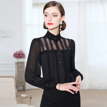 

black floral silk lace chiffon office blouse womens tops and blouses 2019 elegant vintage sexy boho long sleeve plus size palace