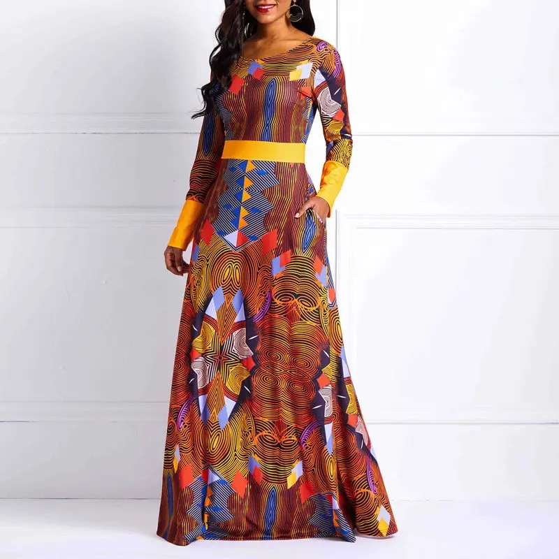 

Maxi Dress Women Brown Geometric Print Stylish Elegant Swing Robe Female Elastic High Waist Backless Party Autumn Long Dresses