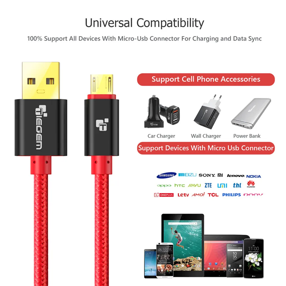 Кабель Micro USB TIEGEM 1 м 2 нейлоновый кабель для быстрой зарядки и передачи данных Samsung