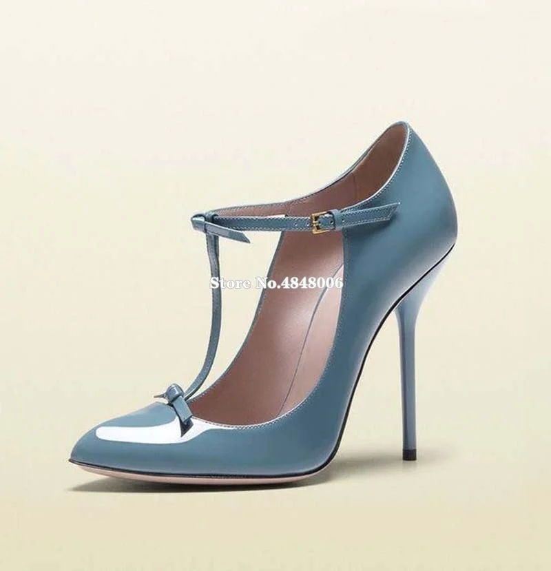 

Sky Blue Chic T Strap Patent Leather Pumps For Woman 2019 Stiletto High Heels Pointed Toe Ladies Office Shoes Catwalk Pumps