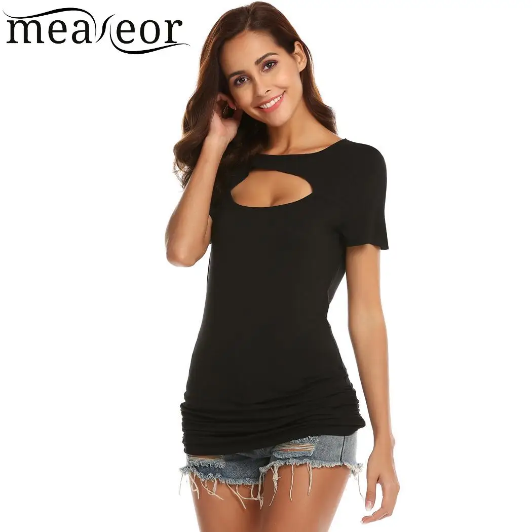 Meaneor рукав Slim Fit повседневный круглый вырез короткий женский замочный Футболка