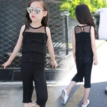 Шифоновый плиссированный костюм для девочек, детская одежда, Лето, жилет+ штаны, Детский костюм, От 3 до 12 лет