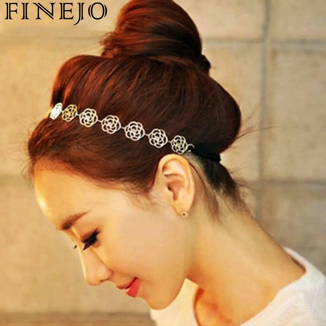 FINEJO повязка fpr для женщин Мода повседневное цветочный выдалбливают Золотая повязка 21,5 см/8,5 дюймов взрослых Роза аксессуары для волос