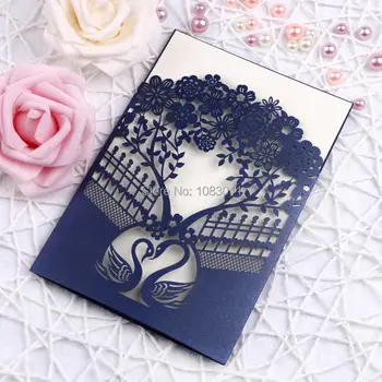 

PONATIA 25Pcs Navy Blue Laser Cut Wedding Invitations Cards Hollow Heart Rose for Engagement Birthday Bridal Shower Invites