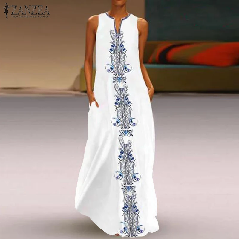 ZANZEA женское богемное платье макси без рукавов с принтом размера плюс летние сарафаны с v-образным вырезом Vestidos Femme Robe модный Сарафан