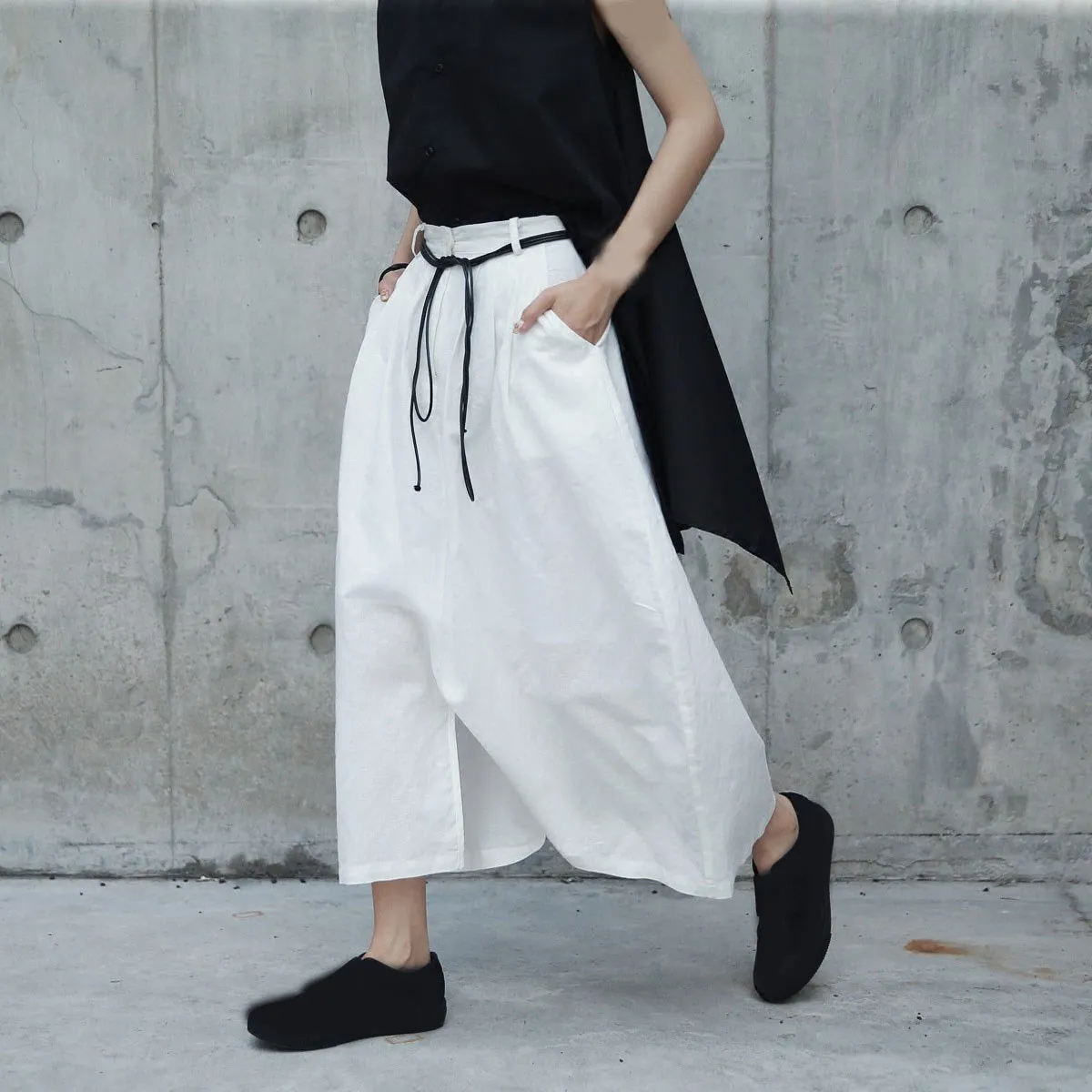 2019 Fashion Women Big Size Cross-Pants White Pockets Female Pants Casual High Waist Loose Pants