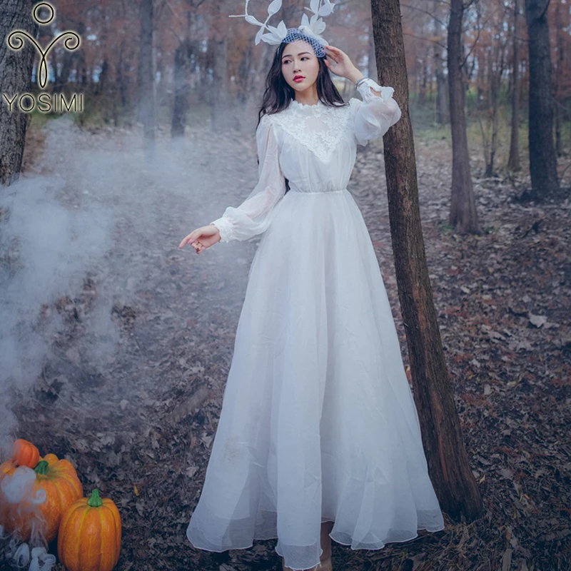 

YOSIMI 2018 Summer Maxi Elegant Chiffon Vintage Long Women Dress Tunic Long Sleeve Ankle-Lenght White Evening Party Female Dress