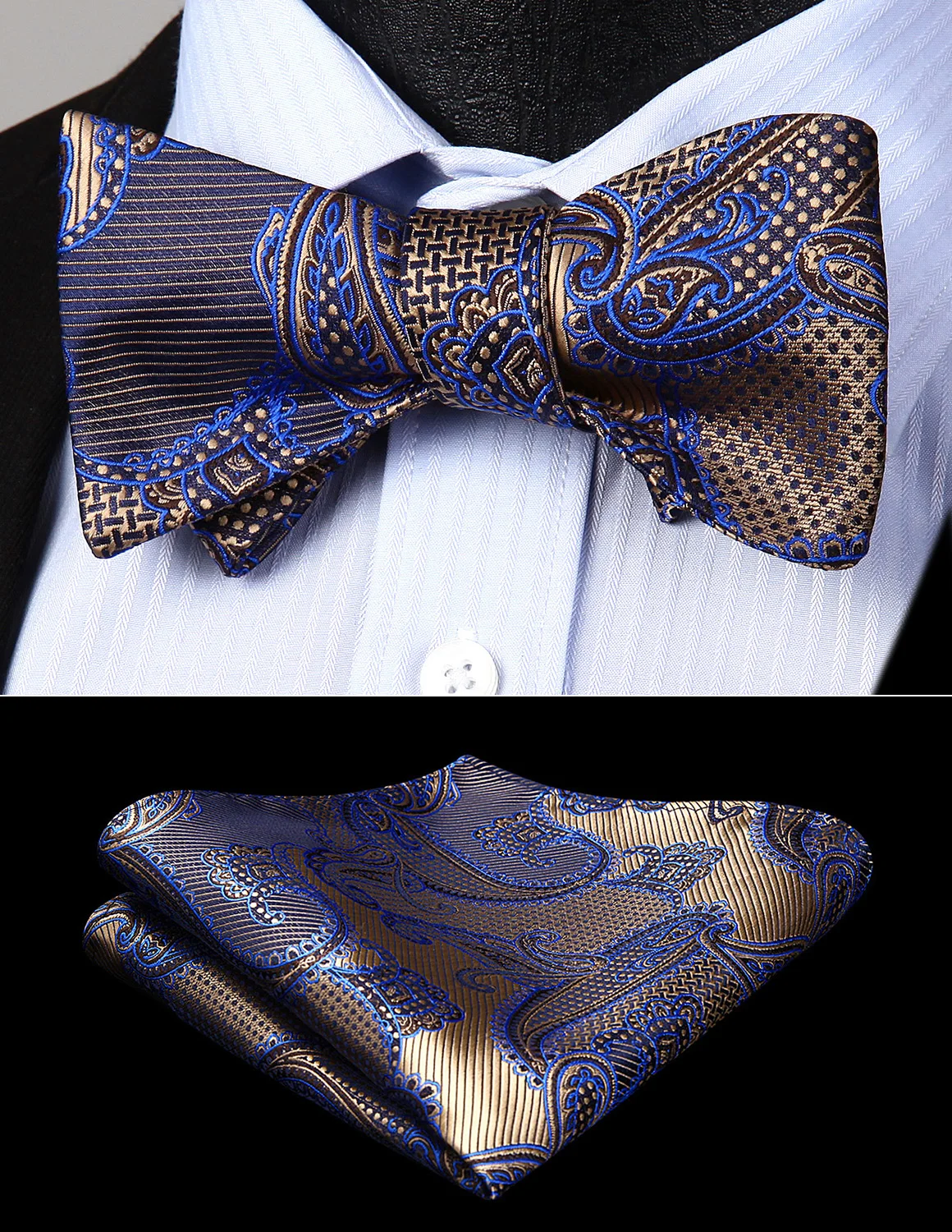 Bow Tie Handkerchief Set Party Wedding Paisley Brown Blue Men Self Bow