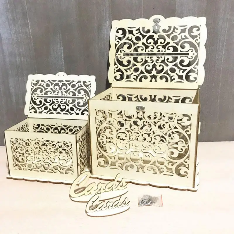 

Creative Retro Hollowed Out Lock DIY Wooden Wedding Sign In Box Wedding Decoration Greeting Card Cosmetic Jewelry Storage Box
