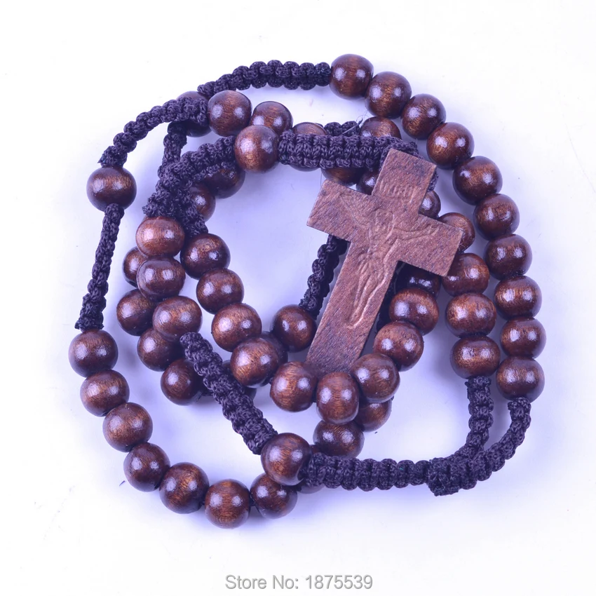 

Coffee Color 8 mm Wood Bead Woven Rosary Necklaces