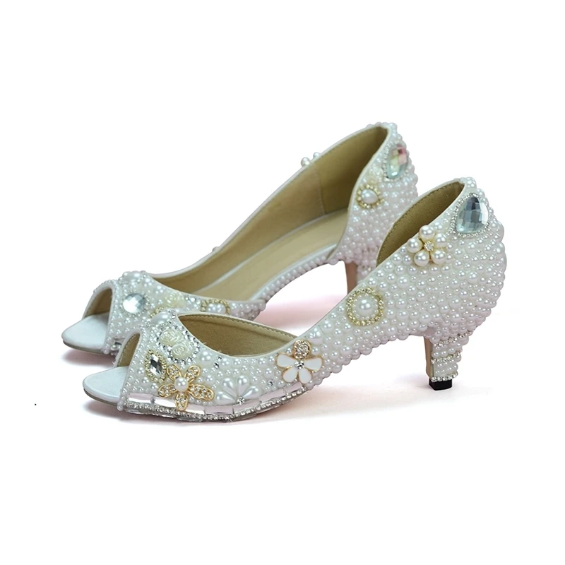 Fairy Tale Evening Dress Heels White Pearl Peep Toe Hollow Middle Heel Weddding Bridal Shoes 2 Inches Heel Summer Bride Pumps