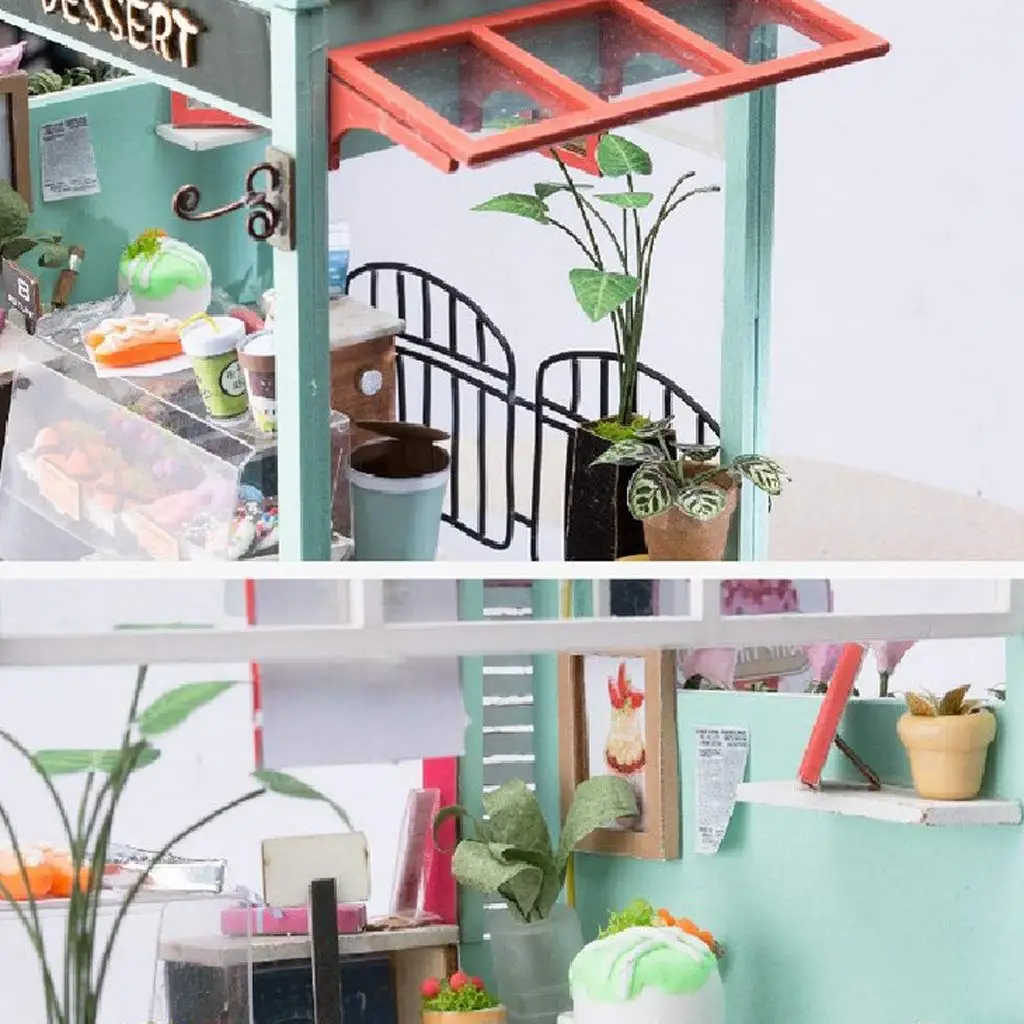 1/24 Miniature Dollhouse Kit DIY Wooden Doll House Dessert Shop Model with LED Lights Educational Toys Gift for Children Adult