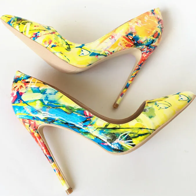 

Sexy Women Pumps Yellow Printed Pointed Toe 12CM Thin Heels Elegant Party Shoes Woman Big Size