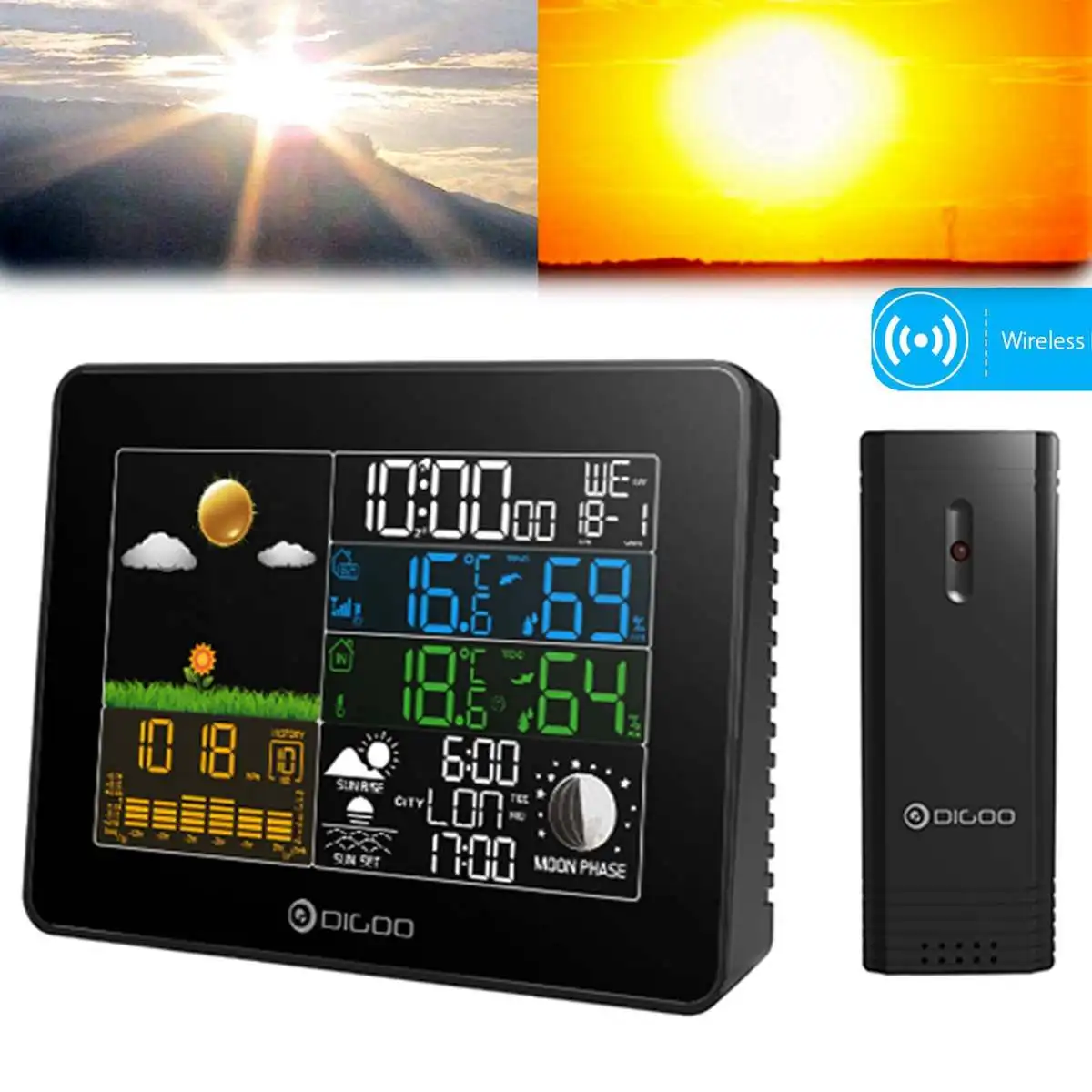 Digoo Digital Temperature Humidity Outdoor Thermometer Wireless Big Screen Colour Weather Station Forecast Sensor Alarm Clock