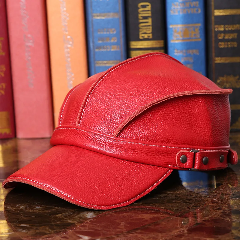 

Peaked Cap Outdoors Sun Hat Keep Warm Cold-proof Cowhide Baseball Hat Man Really Leather Hat Woman