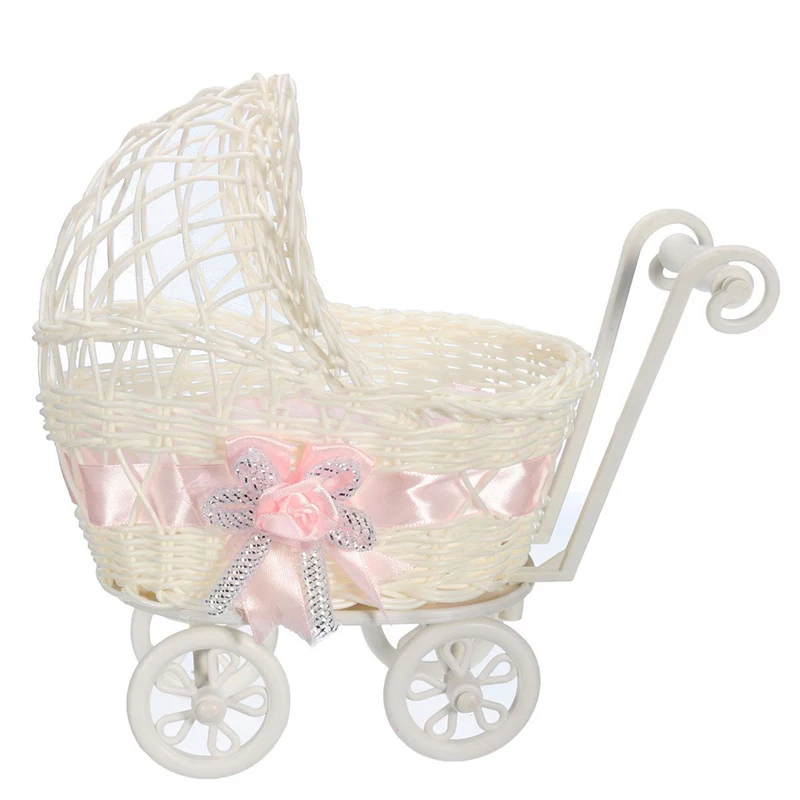 

Artistic Small Wicker Baby Doll Designed Pram Basket Multi Flower Vase Storage Organizer Wicker Basket Table Garden Decoration