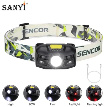 

White Red LED Headlamp Body Motion Sensor Mini Headlight USB Rechargeable Head Light Camping Flashlight Torch Lamp With Cable
