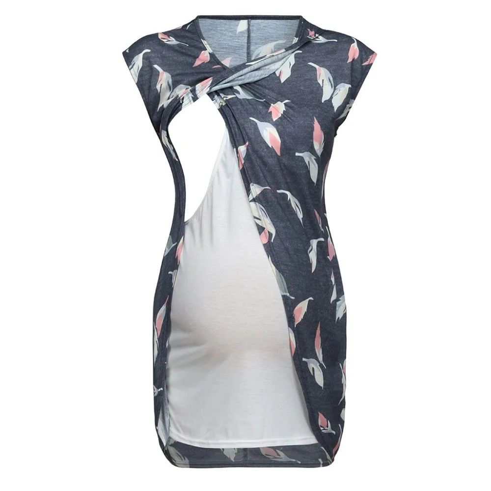 

Women's Maternity Leaf Print Nursing Wrap Top Cap Sleeveless Layer Blouse Dress Vestido Long Maternity Pregnant Womens Clothing