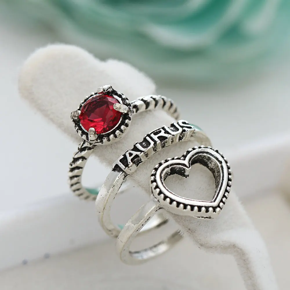 ZIIME 3PCS/Set Simple Design Letter Heart Crystal Stone Knuckle Ring Set For Ladies Antique Silver Rings Jewelry Anillo Boho