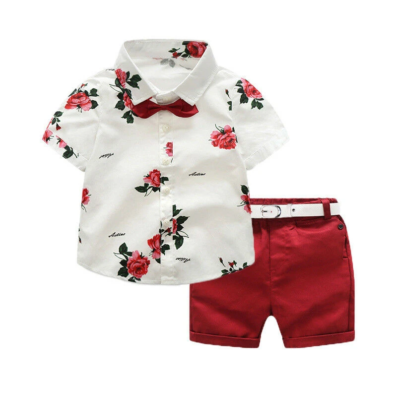 

New Baby Boys Kids Gentleman Clothes Sets Summer Floral Short Sleeve Shirts Top+Red Shorts 2Pcs Bebe Boy Modis Outfits Suits