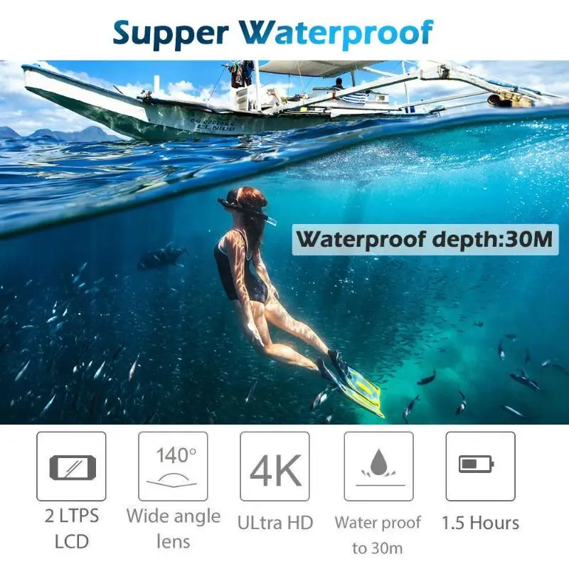 2,0 дюймов WiFi 720P 4K Ultra HD экшн-камера 30m Водонепроницаемая Спортивная камера с объективом 140 градусов DVR DV видеокамера Водонепроницаемый Контроллер