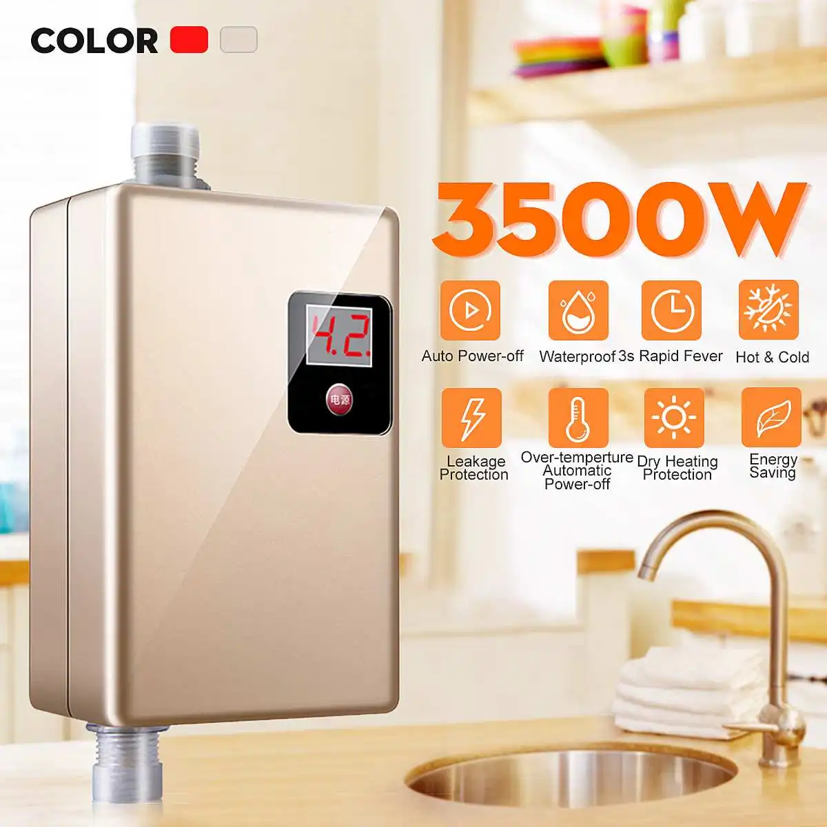 

220V 3500W Mini Electric Tankless Instant Hot Water Heater Kitchen Faucet Tap Heating Instantaneous Waterproof Fast Hot Shower