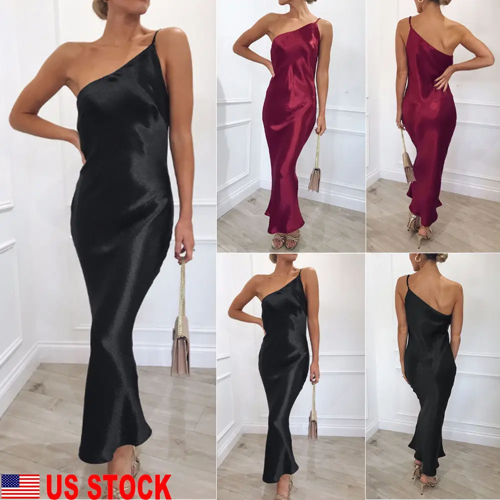 

Women's Lady Sexy Single Shoulder Satin Formal Dress Bodycon Sleeveless Party Club Long Maxi Dress