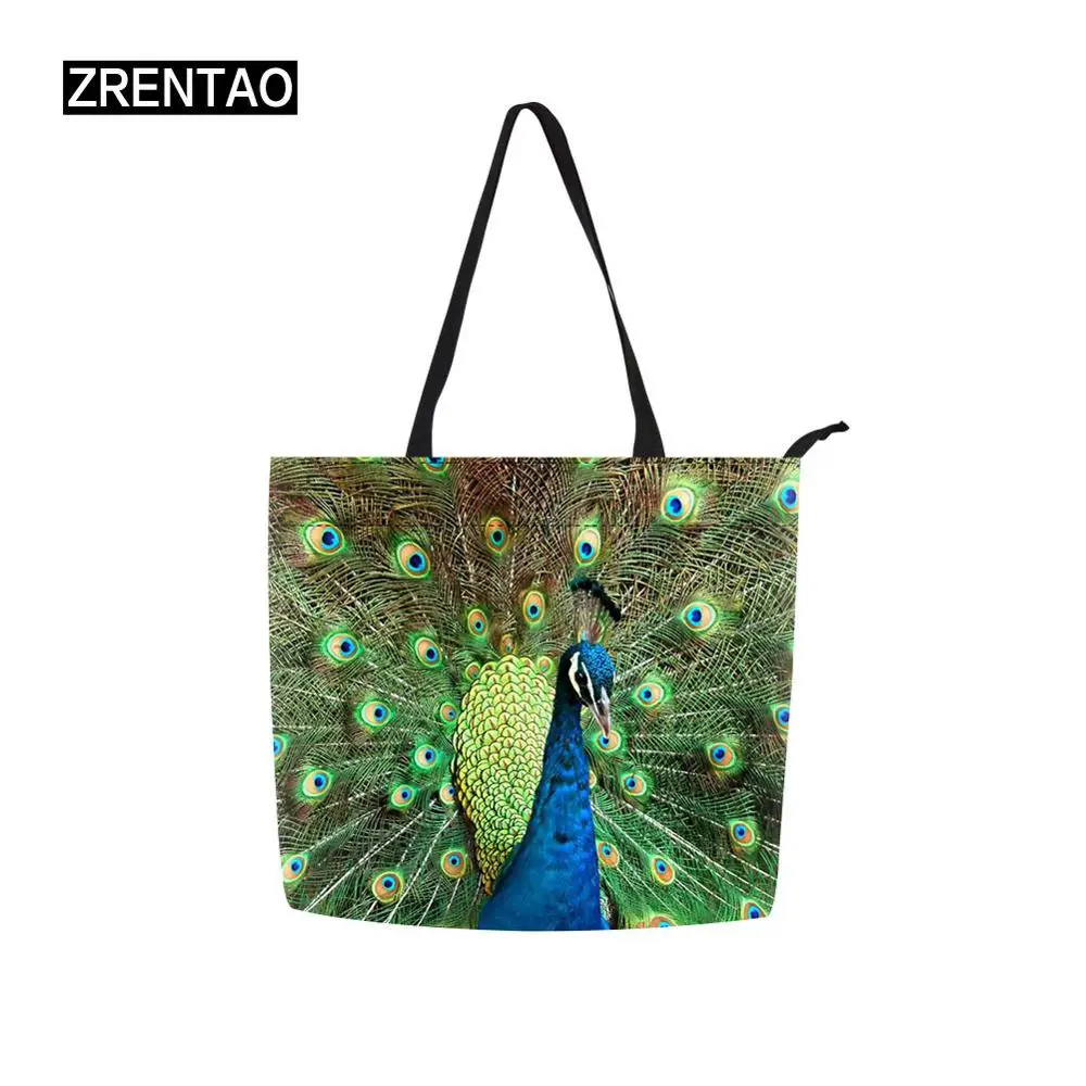 

2019 Large Peacock Printing Ladys Girls Handlebag Canvas Shoulder Grocery Shopper Bag Zipper Clutch Evening Party Travel Totes