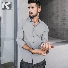 KUEGOU Осенняя хлопковая черная рубашка в полоску, мужская повседневная приталенная рубашка на пуговицах с длинным рукавом для мужчин, модная брендовая блуза 01353