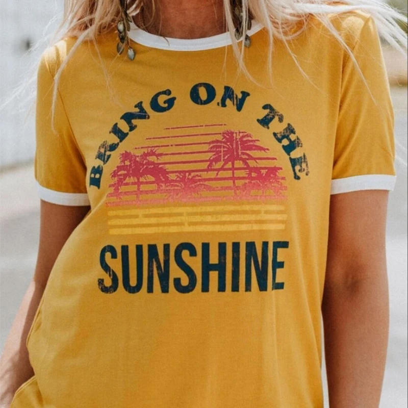 

BRING ON THE SUNHSINE Letter Print T shirt Women Plus Size Tumblr Graphic Tees Tops 2019 Summer Style Cotton Yellow T-shirt