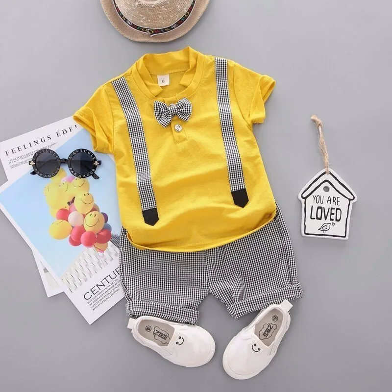 

Summer Baby Boy Fashion Clothes Infant Cotton Bow T Shirt Lattice Shorts 2pcs/set Kids Garment Child Children Casual Sport Suits