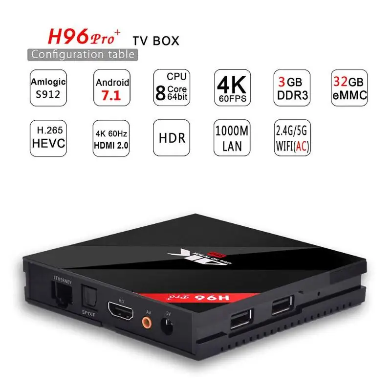 

H96 PRO PLUS S912 Octa-core Android 7.1 Smart TV Box 3GB+32GB 2.4G/5.8G WiFi BT4.1 4K Media Player EU Plug Home Family Cinema