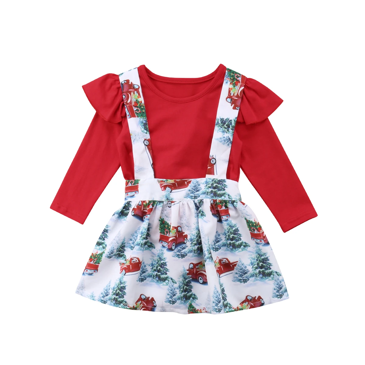 2Pcs Toddler Girls Polka Dot Long Sleeve Romper Top+Suspender Skirt Outfits