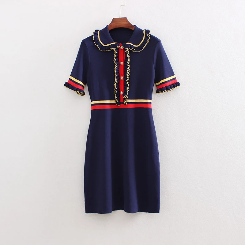 ^Cheap Runway Autumn Women Ruffles Contrast Color Knitted Sweater Dresses Girls Cute Peter Pan Collar Dress Navy Blue Black Jc2498