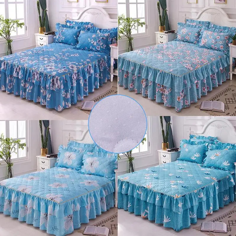 

150x200cm Bed Cover Warm Thickening Sanding Quilted Single And Double Bed Skirt Queen Wrap Around Anti-Skid Blue Bed Cover
