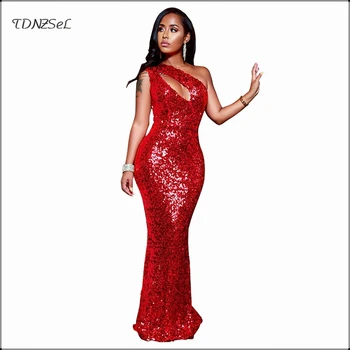 

Elegant Evening Party Club One Shoulder Maxi Dress Bodycon Sexy Sequined Red Glitter Slim Sheath Floor Length Dress Skew Collar