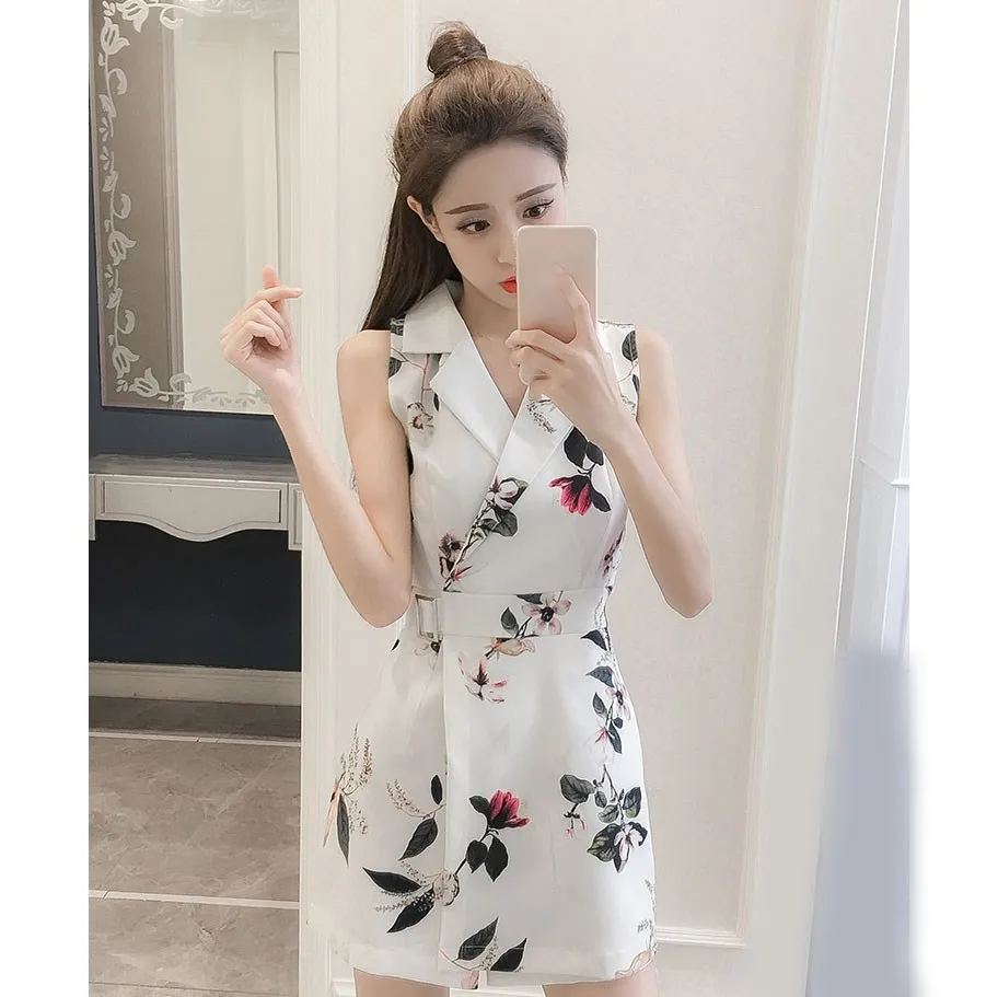 

2019 Summer Women Office Lady Rompers Female Sashes Floral Printed Jumpsuits Print Lapel Sleeveless Party Jumpsuit