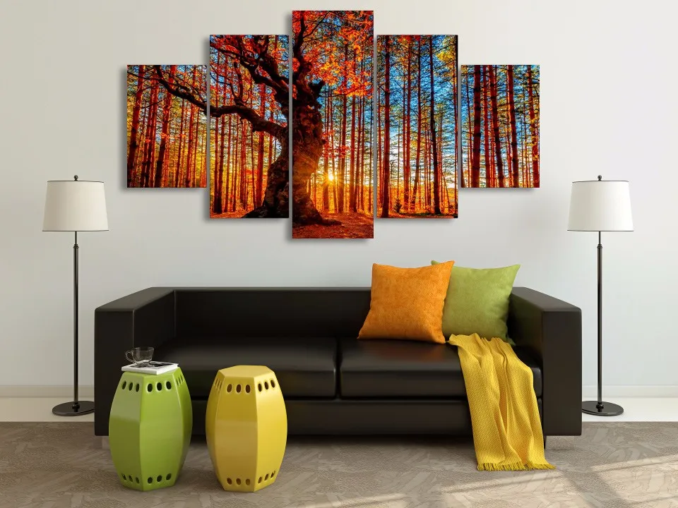 

Wall Art Canvas HD Prints Poster Home Decor Room Pictures 5 Pieces Forest Sky Trees Autumn Foliage Landscape Paintings Framework