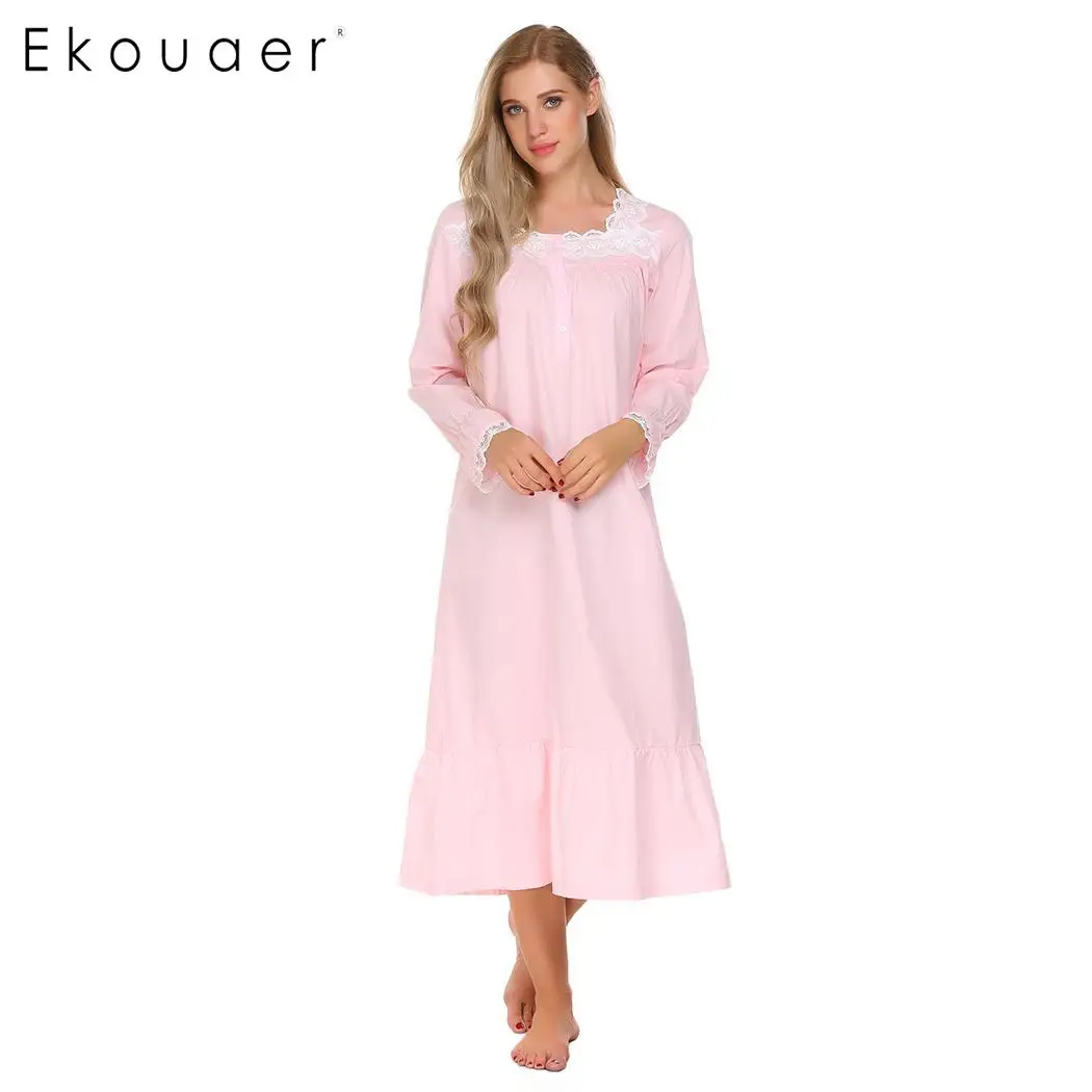 

Ekouaer Elegant Solid Nightwear Women Victorian Nightgown Long Sleeve Sleepwear Lace Patchwork Ruffled Hem Night Dress Plus Size