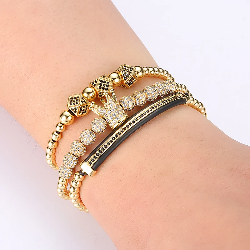 

3pcs/set Luxury CZ polygon ball crown Charm copper bead Macrame handmade men Bracelets set bracelets & bangles for Men Jewelry