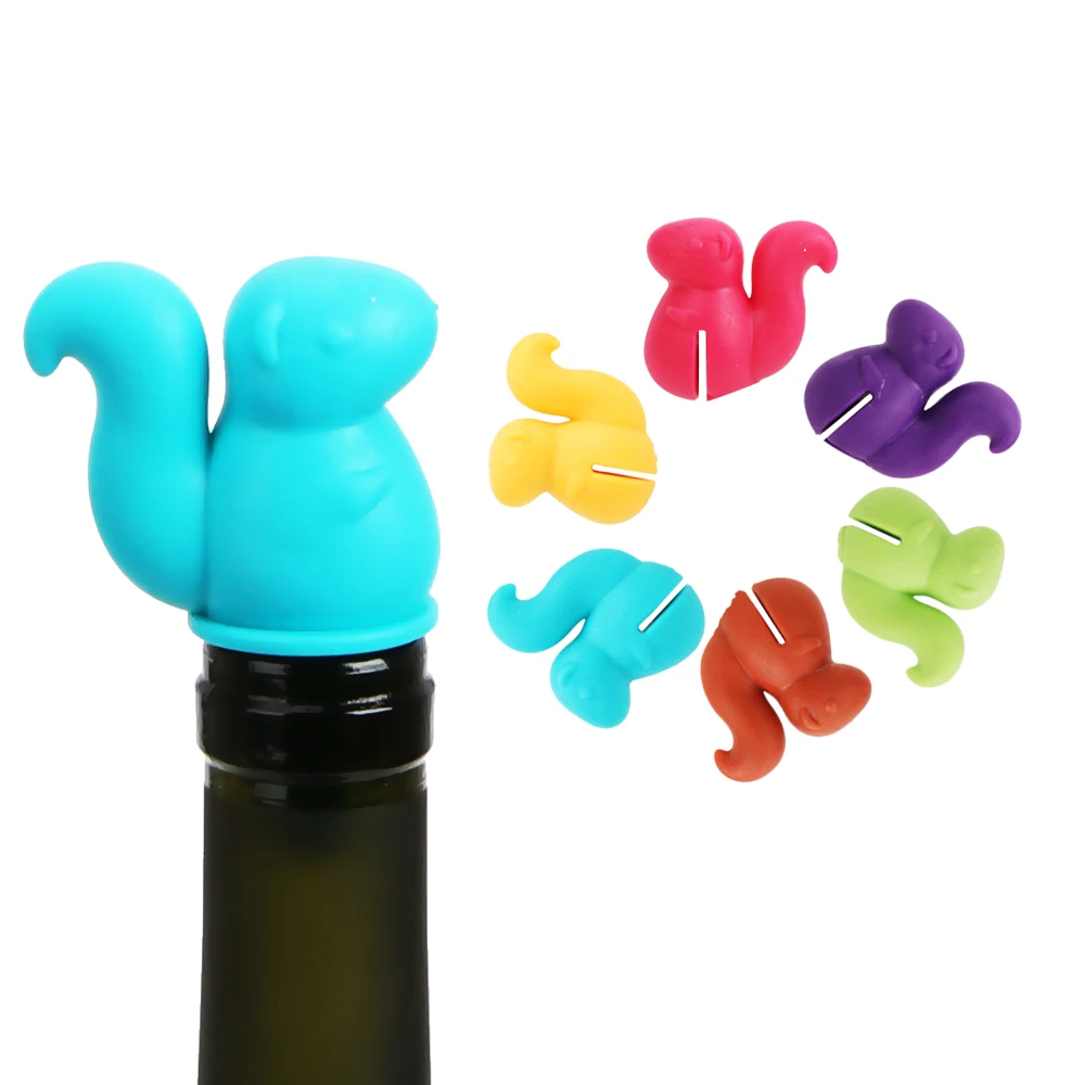 HILIFE Drink Cup Silicone Marker Cute Squirrel Shape Wine Bottle Stopper Rubber Wine Glass Label Wine Cork Plug 7 pcs/set