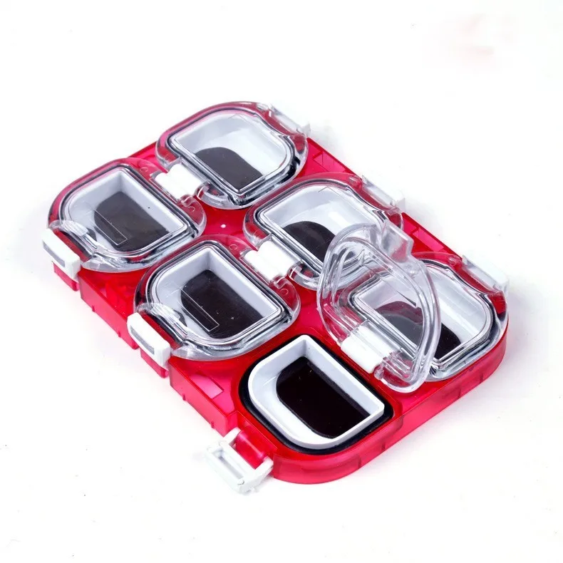 

11cm*7.5cm fishhook fishing box with magnet black and red color fishing hook tackle box 6 grids magnet fishing tackle box