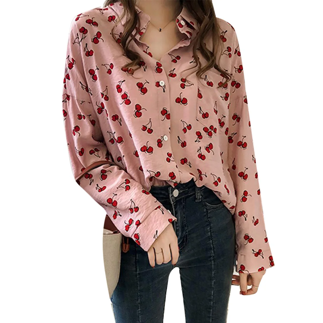 Aunimeifly Womens Cute Pattern Printing Casual Lapel Elegant Long-Sleeved Shirt with Pockets