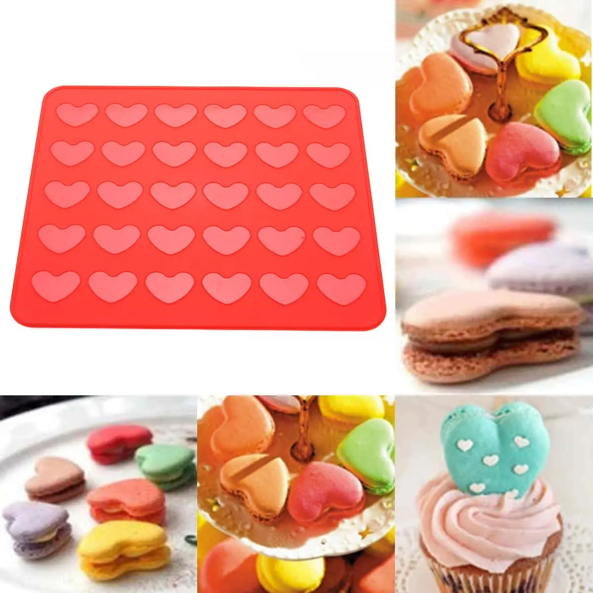 

New Reusable Silicone Heart Shaped Macaron Mat Pastry Sheet Muffin Tray Baking Mold
