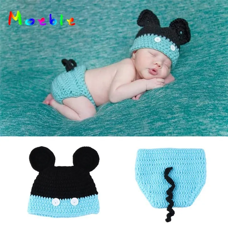 

Red and blue Crochet Newborn Mickey Costume Knitted Baby Cartoon Outfit for Photo Shoot Baby Photography Props Crochet Hat