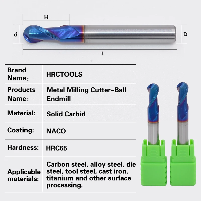 M29-R10x40Hx20D, Вольфрамовая сталь, 2 флейты, сферические концевые фрезы с прямым тонким хвостовиком, фреза HRC65, naco, синее покрытие, 20 мм